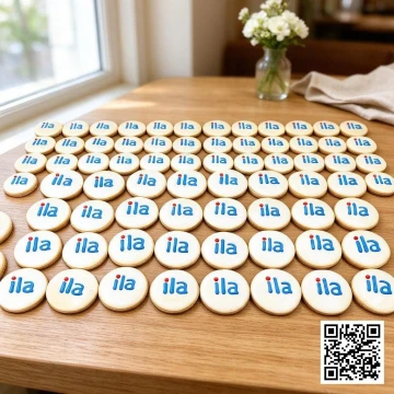 Bánh quy bơ hình tròn in logo 'ila' màu xanh dương trên nền kem trắng ngà, viền đường tinh xảo.