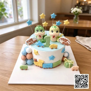 Bánh sinh nhật 1 tuổi cho hai bé trai sinh đôi tuổi rắn, trang trí hình rắn 3D, tàu hỏa, ô tô, tên Tuệ Minh Tuệ Đức