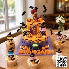 Bánh sinh nhật 2 tầng Baby Shark và khủng long đội mũ phù thủy, trang trí Halloween màu cam tím.