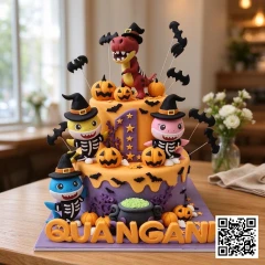 Bánh sinh nhật 2 tầng Baby Shark khủng long Halloween cam tím cho bé trai - ảnh 2