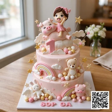 Bánh sinh nhật 2 tầng màu hồng pastel cho bé gái 1 tuổi với hình lợn con và bé gái