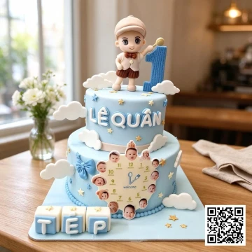 Bánh sinh nhật 2 tầng cho bé trai 1 tuổi, phủ fondant xanh nhạt, có hình em bé Chibi đội mũ, số 1, và đồng hồ in ảnh 12 tháng.