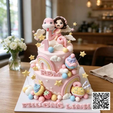 Bánh sinh nhật 2 tầng màu hồng pastel phong cách công chúa cho bé gái 1 tuổi, có hình bé gái và rắn hồng, cầu vồng, mây sao.