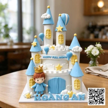 Bánh sinh nhật 2 tầng hình lâu đài hoàng tử màu xanh pastel, có khinh khí cầu và nhân vật hoàng tử bé