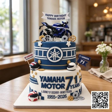 Bánh sinh nhật 2 tầng phủ fondant xanh dương, trắng với logo công ty và mô hình xe mô tô thể thao.