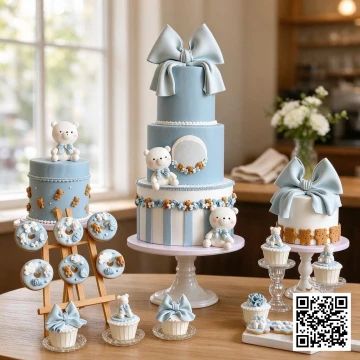 Bánh sinh nhật 3 tầng gấu Teddy màu xanh pastel, thiết kế theo concept tiệc
