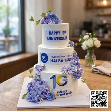Bánh sinh nhật 3 tầng màu trắng tím trang trí hoa lavender và logo kỷ niệm 10 năm