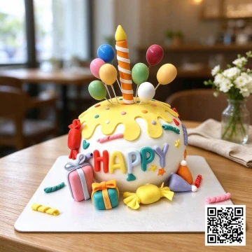 Bánh sinh nhật 3D tròn phủ fondant trắng, trang trí bóng bay, nến, hộp quà và kẹo màu sắc