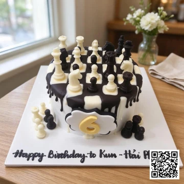 Bánh sinh nhật hình bàn cờ vua với quân cờ 3D bằng socola và hiệu ứng socola chảy, trang trí cho bé trai 6 tuổi.
