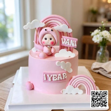 Bánh sinh nhật bé gái 1 tuổi hình rắn hồng pastel, trang trí fondant em bé hóa trang rắn, cầu vồng, mây, số 1.