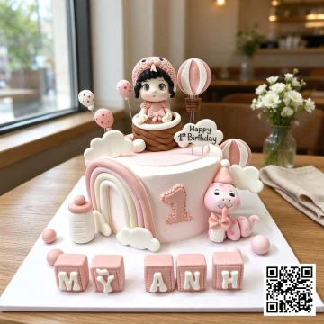 Bánh sinh nhật thôi nôi bé gái tuổi Tỵ hình khinh khí cầu với bé gái, rắn con, cầu vồng và tên 'Mỹ Anh'
