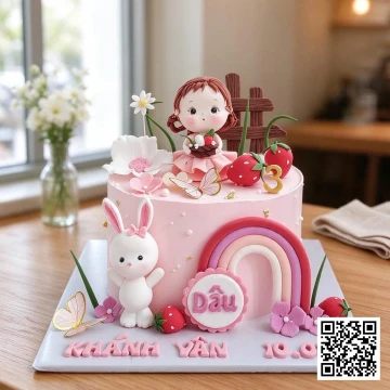 Bánh sinh nhật bé gái 3 tuổi chủ đề thỏ con và cầu vồng màu hồng pastel
