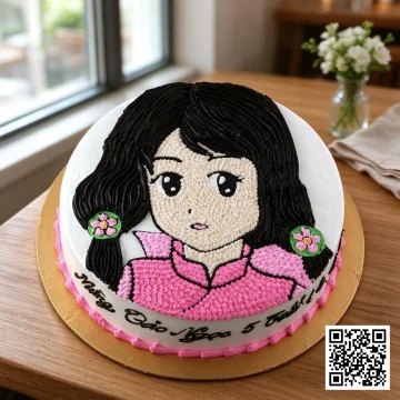 Bánh sinh nhật kem tươi hình tròn màu hồng trắng, vẽ hình cô bé tiểu thư tóc bím đen, trang phục hồng, chữ 'Mừng Bảo Ngọc 5 tuổi'.