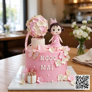 Bánh sinh nhật bé gái hình tròn phủ fondant hồng pastel, trang trí hoa cẩm tú cầu và cô bé chibi.