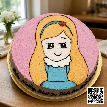 Bánh sinh nhật kem tươi tròn cho bé gái, vẽ hình cô gái tóc vàng dễ thương, trang trí màu hồng vàng pastel ngọt ngào.