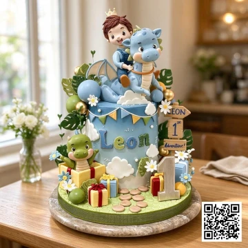 Bánh sinh nhật bé trai 1 tuổi cưỡi rồng xanh pastel, đội vương miện, trang trí mây trắng, hoa cúc, hộp quà.