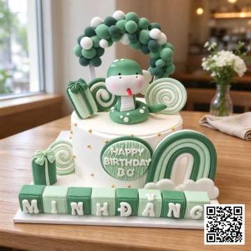 Bánh sinh nhật bé trai 1 tuổi hình rắn xanh 3D đáng yêu với cầu vồng pastel và tên bé