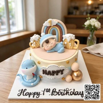 Bánh sinh nhật bé trai 1 tuổi hình rắn xanh pastel, em bé ngủ, cầu vồng và ly bọt sữa, trang trí fondant