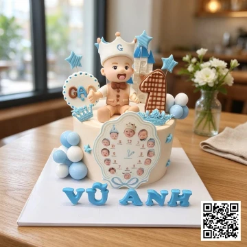 Bánh sinh nhật bé trai 1 tuổi hình hoàng tử xanh pastel, có đồng hồ in 12 ảnh kỷ niệm và lâu đài