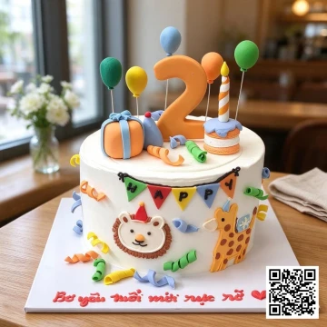 Bánh sinh nhật bé trai 2 tuổi chủ đề Safari với hình sư tử, hươu cao cổ và số 2