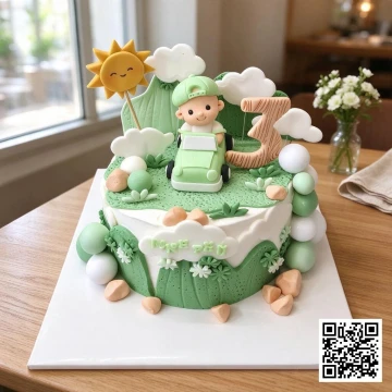 Bánh sinh nhật bé trai 3 tuổi hình ô tô màu xanh pastel, có cậu bé ngồi trên xe, trang trí mây, mặt trời, cỏ.