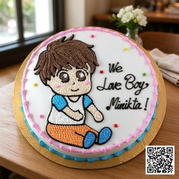 Bánh sinh nhật tròn vẽ kem hình cậu bé chibi đáng yêu ngồi duỗi chân, áo xanh quần cam, có chữ We Love Boy và sao nhiều màu.