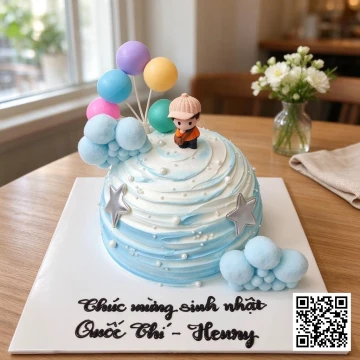 Bánh sinh nhật bé trai màu xanh pastel với hình em bé ngồi bên chùm bóng bay và mây.