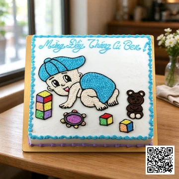 Bánh kem vuông mừng đầy tháng bé trai, trang trí hình em bé đội mũ xanh, gấu bông, khối vuông và lục lạc vẽ bằng kem tươi.