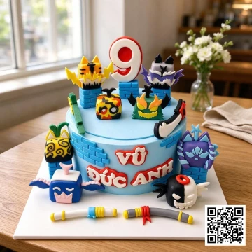 Bánh sinh nhật Blox Fruit hình Trái Ác Quỷ 3D cho bé trai 9 tuổi, có số 9 và tên Vũ Đức Anh