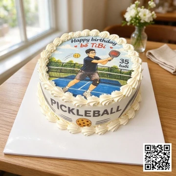 Bánh sinh nhật tròn in ảnh người đàn ông chơi Pickleball, trang trí kem tươi và chữ "Happy birthday bố TiBi 35".