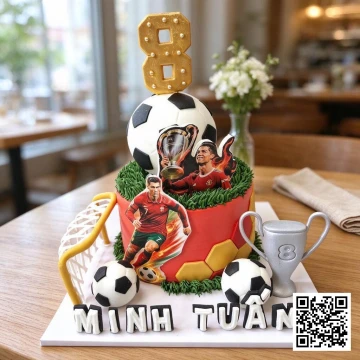 Bánh sinh nhật chủ đề bóng đá Ronaldo cho bé trai, có hình cầu thủ, sân cỏ, cúp vô địch.