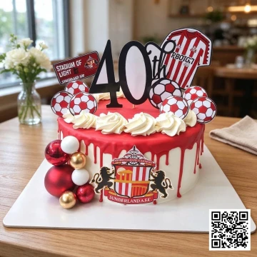 Bánh sinh nhật hình tròn chủ đề bóng đá Sunderland, tông màu đỏ trắng, hiệu ứng kem chảy, có topper số 40.