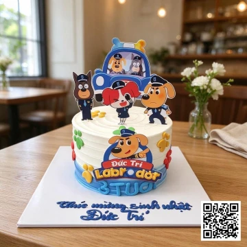 Bánh sinh nhật hình chú chó cảnh sát trưởng Labrador 3D hoạt hình màu xanh trắng vàng cho bé trai 8 tuổi