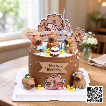 Bánh sinh nhật hình Capybara hoạt hình màu nâu, trang trí dễ thương với các nhân vật Capybara và vịt con.