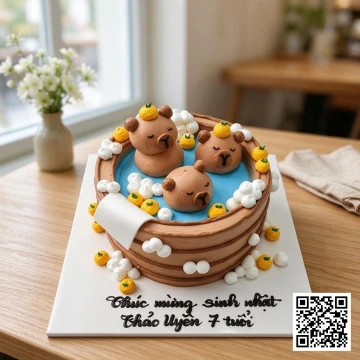 Bánh sinh nhật capybara tạo hình bồn tắm gỗ 3D với nước xanh, bọt kem trắng và cam vàng
