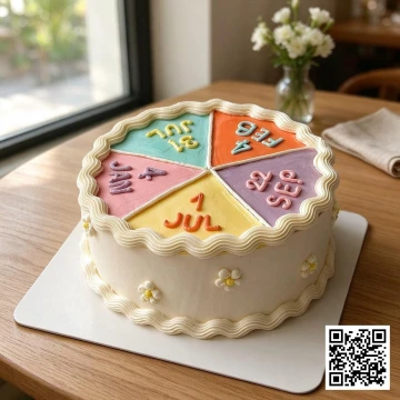 Bánh sinh nhật hình tròn chia 5 ô màu pastel, mỗi ô ghi ngày tháng sinh, trang trí hoa nhí