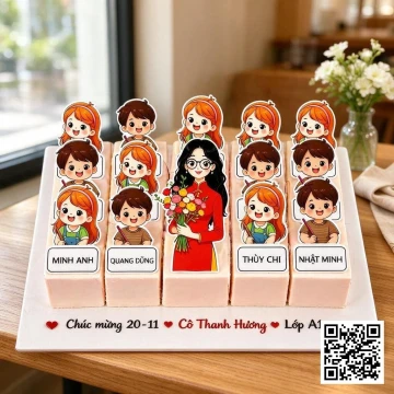Bánh sinh nhật chia miếng hình cô giáo và học sinh đáng yêu, có tên từng học sinh, phù hợp liên hoan lớp.