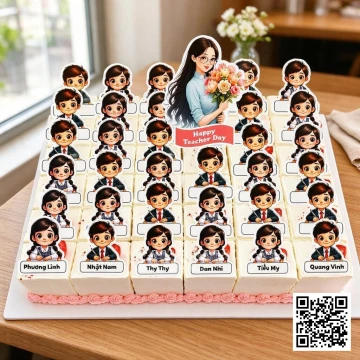 Bánh sinh nhật chia miếng hình vuông với hình ảnh cô giáo và học sinh, tên từng bé, phù hợp tổng kết năm học.