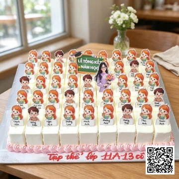 Bánh sinh nhật chia miếng hình học sinh và cô giáo cho tiệc tổng kết năm học