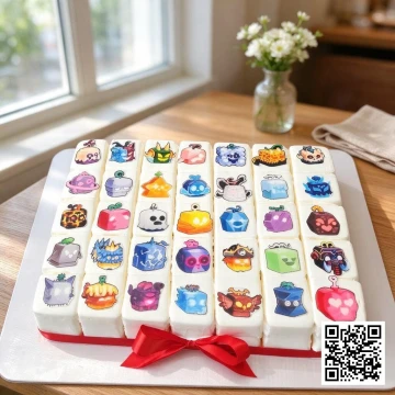 Bánh sinh nhật chia miếng hình trái ác quỷ Blox Fruit, trang trí hình ảnh sắc nét, viền ruy băng đỏ.