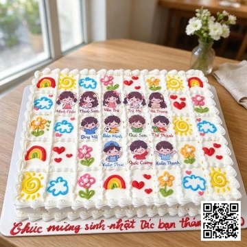 Bánh sinh nhật chia miếng hình chữ nhật với nhiều ô vuông nhỏ trang trí hình chibi, cầu vồng, mặt trời, mây, hoa.
