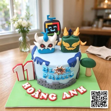 Bánh sinh nhật Roblox Blox Fruit chia miếng hình trái ác quỷ cho bé trai 11 tuổi