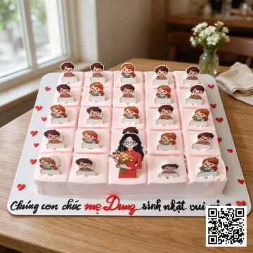 Bánh sinh nhật chia miếng hình chữ nhật, trang trí topper cô giáo và học sinh, phủ kem hồng nhạt.
