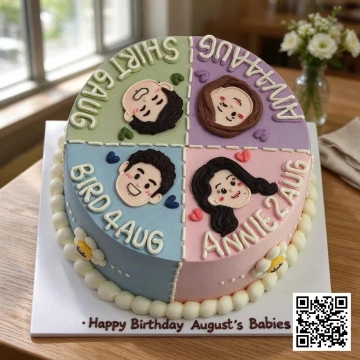 Bánh sinh nhật chia ô cho nhóm bạn thân, trang trí khuôn mặt chibi và hoa.