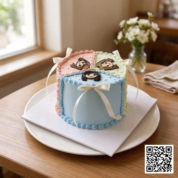 Bánh sinh nhật hình vuông chia phần màu pastel hồng, xanh mint, xanh dương nhạt, trang trí chibi khuôn mặt và nơ ruy băng trắng.