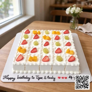 Bánh sinh nhật hình chữ nhật chia sẵn miếng, trang trí hoa quả tươi (dâu, xoài, nho xanh) và kem tươi.