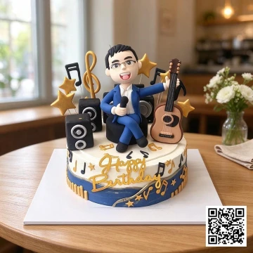 Bánh sinh nhật hình tròn, trang trí Chibi người đàn ông mặc vest, chủ đề âm nhạc với đàn guitar, loa, nốt nhạc màu vàng gold.