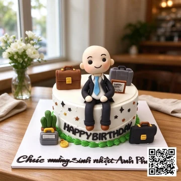 Bánh sinh nhật chibi fondant hình sếp công sở độc lạ, tặng sếp, kèm cặp táp, vali và cây xương rồng.