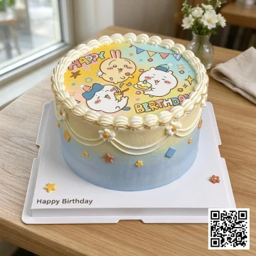 Bánh kem sinh nhật hình tròn vẽ nhân vật Chiikawa, Usagi, Hachiware với màu pastel và các chi tiết fondant.