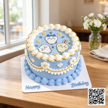 Bánh sinh nhật tròn phủ kem xanh pastel với hình ảnh 3 nhân vật Chiikawa, Hachiware, Usagi và hoa kem.